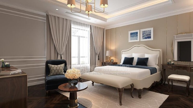 Thiết kế nội thất phòng ngủ tân cổ điển đẹp, sang trọng nổi bật với sắc trắng điểm nhấn từ bộ đôn, giường bọc nệm gỗ óc chó tự nhiên. Mẫu thiết kế nội thất chung cư đẹp