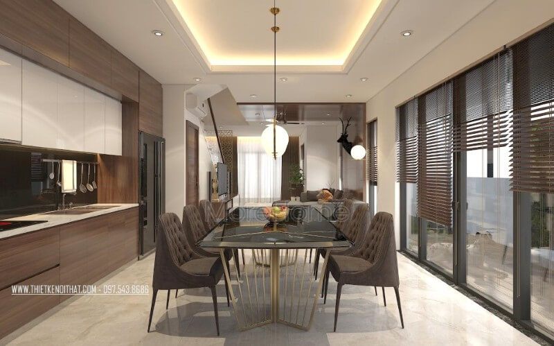Trang trí nội thất phòng ăn biệt thự hiện đại, đơn giản tạo cảm giác thoải mái, thân thiện hơn cho những người dùng bữa, gắn kết được tình cảm của mọi thành viên trong gia đình lại với nhau