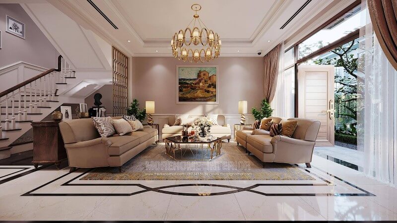Thiết kế nội thất phòng khách tân cổ điển đẹp tại biệt thự Ciputra Tây Hồ Hà Nội