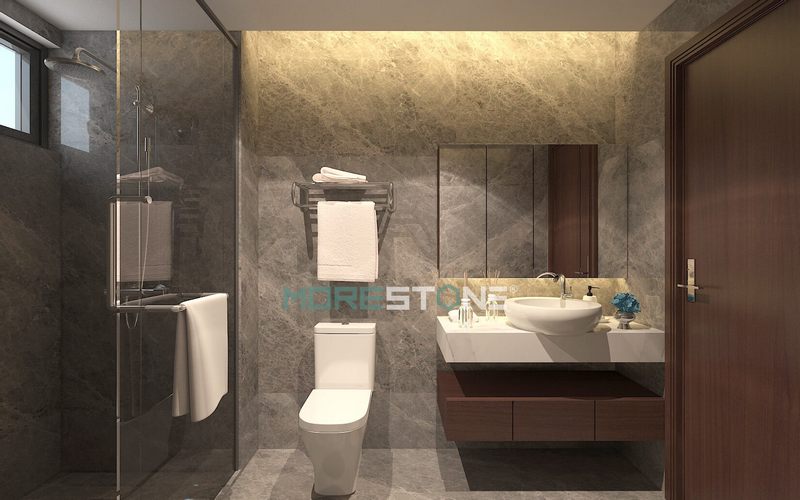 Phòng tắm ốp đá tự nhiên xám vân mây với tông màu nhẹ nhàng đem lại cảm giác thư thái cho gia chủ