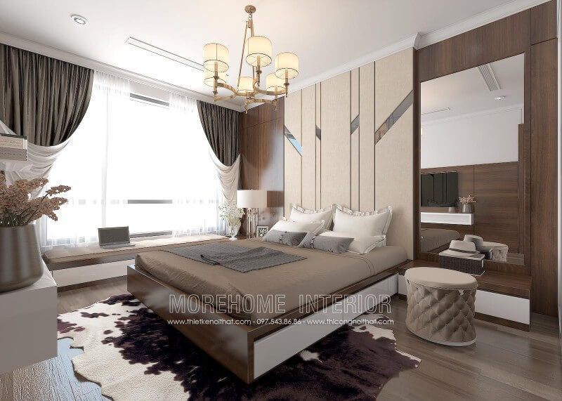 . Giường ngủ gỗ công nghiệp độc đáo với thiết kế đẹp mắt và bền bỉ. Vân gỗ trên giường được kết nối với các nội thất xung quanh để tạo nên một cảnh trang hoàn mỹ.